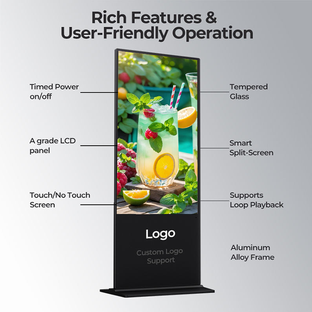 55" 4K Indoor Interactive Floor Stand Digital Signage Kiosk 10-Point Capacitive Touch LCD Text Advertising Screen Built-In CMS