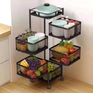 Rotating Square Multi Tier <b>Kitchen</b> <b>Storage</b> <b>Rack</b> 5 Layers Mobile Stand With Wheels For Food Organization - Product Image 2