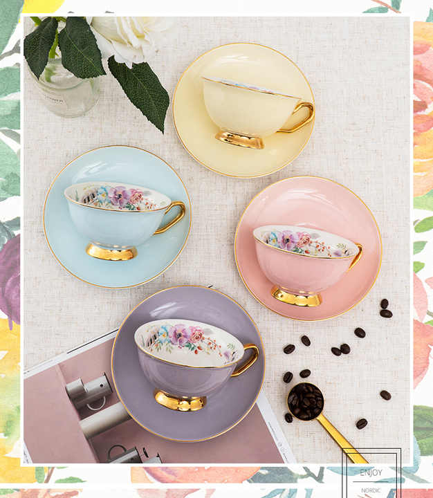 Wholesale Royal Classic Porcelain Coffee Cups Ceramic Teacup and Saucer Set 7.5 Oz 200ml Wedding Gifts Ceramic Flower Cups