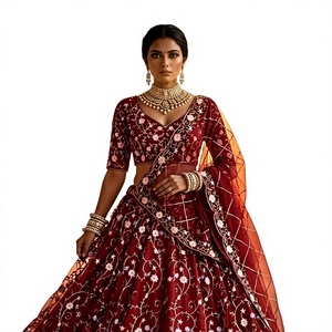 Vestido de novia tradicional Divyam Creation, bordado, de malla, con relieve, de secado rápido, elástico, largo hasta el suelo, estilo India-Pakistán para mujer - Product Image 1