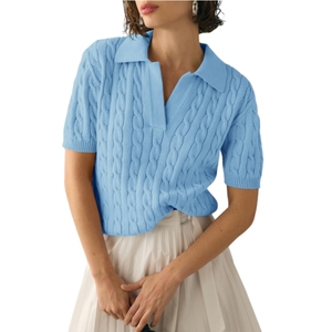 Pull tricoté torsadé uni à col polo et manches courtes pour femme – Nouvelle collection décontractée et tendance (vente en gros) - Product Image 2