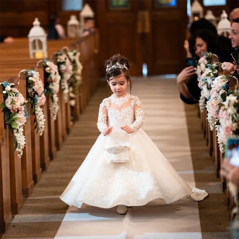 Роскошное свадебное белое платье с цветочным узором для девочек, с длинным рукавом, с вышивкой, с блестками, бальное платье для принцессы, Детские вечерние платья с аппликацией