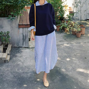 Abito Casual da donna a maniche lunghe con scollo a V a righe ampio lungo abito camicia in <span class=keywords><strong>cotone</strong></span> con - Product Image 3