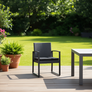 Chaise d'extérieur en rotin PP gris foncé avec structure en aluminium, chaise de jardin contemporaine, assise rembourrée durable - Product Image 2