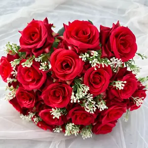باقة من الزهور الحريرية ذات 18 رأساً عالية الجودة بتصميم جديد، باقة العروسة حمراء اللون لحفلات الزفاف، فازة ديكور منزلية ديكور داخلي من مجموعة اصنعها بنفسك