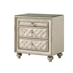 Beige 2-<b>Drawer</b> Nightstand With Quilted Design And Glass Top <b>For</b> Bedroom <b>Storage</b> - Product Image 2