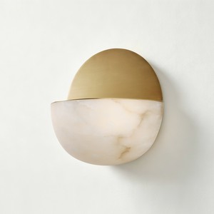 Circular brass <b>LED</b> wall lamp with white plaster finish and warm white <b>light</b>—suitable for indoor living <b>rooms</b> bedrooms and home - Product Image 4