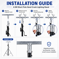Support d'éclairage portable à manivelle 4,5 m avec barre en T courte de 0,6 m et pince pour éclairage, trépied réglable 60 kg pour DJ, scène, événements de mariage
