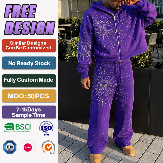 Custom Low Moq Apparel Manufacturer All Over Rhinestone Streetwear Tracksuit 100% Cotton French Terry Hoodie Pants 2 Piece Set