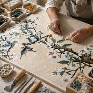 Mosaico in Pietra Fatto a Mano Personalizzato, Murale con Fiori e Uccelli, Piastrelle a Mosaico per Decorazione Murale, Pannello in Mosaico di Marmo - Product Image 4