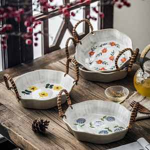 Lelyi Japanese Hand-Painted Antique Rough Pottery Eco-Friendly Double Ear Ceramic Fruit Dish for Family Afternoon Presents