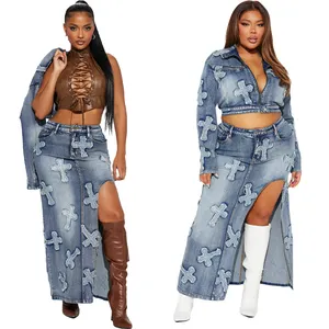 Casual high stretch denim two piece skirt sets with women short denim jacket and long slit denim skirt