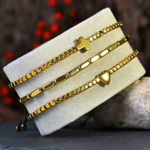 Luxe Unisexe Croix Coeur Bijoux Bracelet Hématite Pierre Or Bracelet - Product Image 5