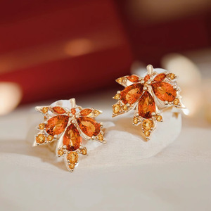 S925 Sterling Silver Maple Leaf Stud Earrings Orange Crystal Party Jewelry For Women And Men - Product Image 1