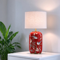 Lampe de table en céramique peinte à la main avec abat-jour en tissu à motifs d'oiseaux et de fleurs, style chinois, lampe de bureau LED pour chambre à coucher, salon, hôtel, décoration de la maison