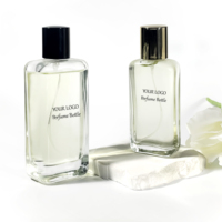 Vente en gros de flacons de parfum rectangulaires de luxe sur mesure, atomiseur, flacon d'huile d'olive, emballage en verre, flacon de parfum vide de 50 ml