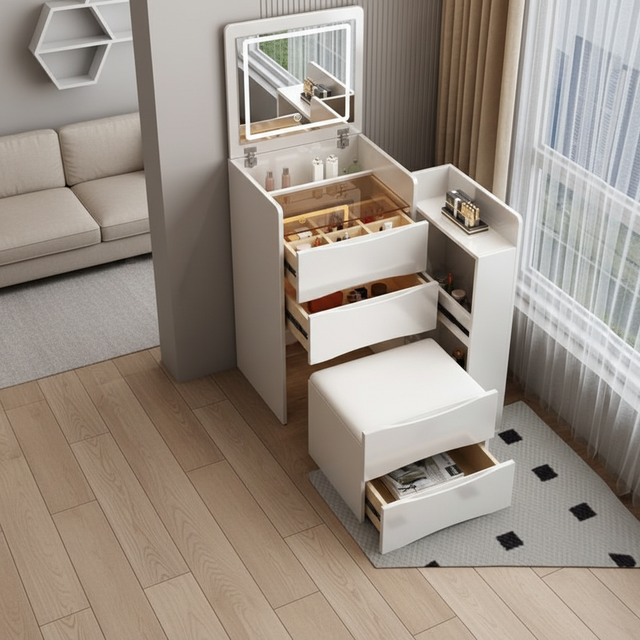 Discount Cream-style Flip-top Modern Bedroom Small-sized Luxury Dressing Table with Lighted Mirror Side and Top Cabinets