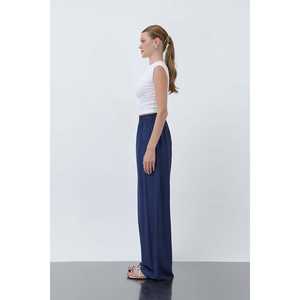 Pantalon large pour femme, taille haute, en crêpe respirant, bleu - Product Image 2