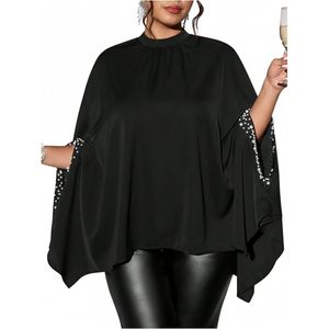Poncho sin mangas con perlas para mujer, talla grande, cuello alto, asimétrico, de gasa, elegante, para fiesta o club. - Product Image 3