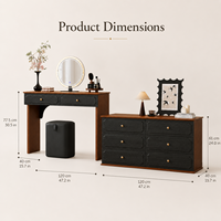 Ensemble coiffeuse vintage en noyer noir avec miroir rond, tabouret et armoire de rangement pour chambre à coucher