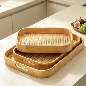 Ensemble de plateaux de service en bambou rouge érable, 3 pièces, rectangulaires, avec poignées, pour fruits, thé, café, rangement, cuisine, salle à manger, plateau décoratif - Product Image 1