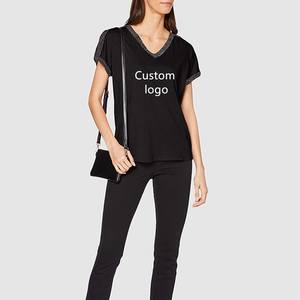 Logo personnalisé en coton vierge uni doux léger décontracté col en V coupe ajustée T-Shirt pour femmes - Product Image 1