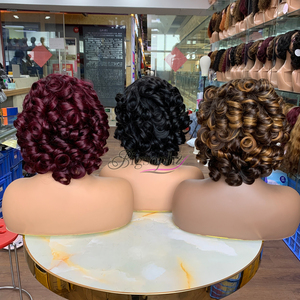 10 pulgadas 200g corto rizado hecho a máquina pelucas de cabello humano resaltar peluca Afro americano grandes pelucas de cabello crudo rizado con flequillo para mujeres - Product Image 1