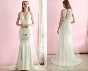 #3017 도매 우아한 고삐 민소매 칼집 새틴 간단한 웨딩 드레스 신부 드레스