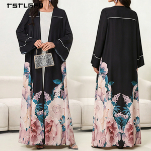 Robe longue kimono de luxe modeste pour femme en mousseline noire, style abaya à devant ouvert, imprimé floral pivoine, bordure et passepoil blancs, manches cloche - Product Image 6
