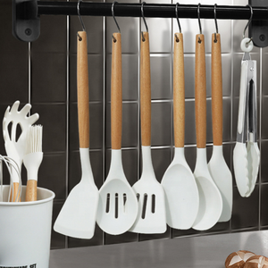 Juego de 12 utensilios de cocina de silicona negra con mangos de madera, herramientas de cocina antiadherentes - Product Image 4