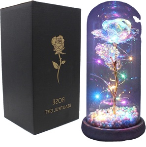 Valentine's Day Mother's Day Gift 24k Gold Foil Glowing Rose LED Plated Rose Gift Box with Glass Dome