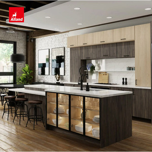 Gabinetes de Cocina Modernos Minimalistas Personalizados Alland, en Dos Tonos, con Chapa de <span class=keywords><strong>Nogal</strong></span>, sin Tiradores, con <span class=keywords><strong>Encimera</strong></span> de Cuarzo - Product Image 6