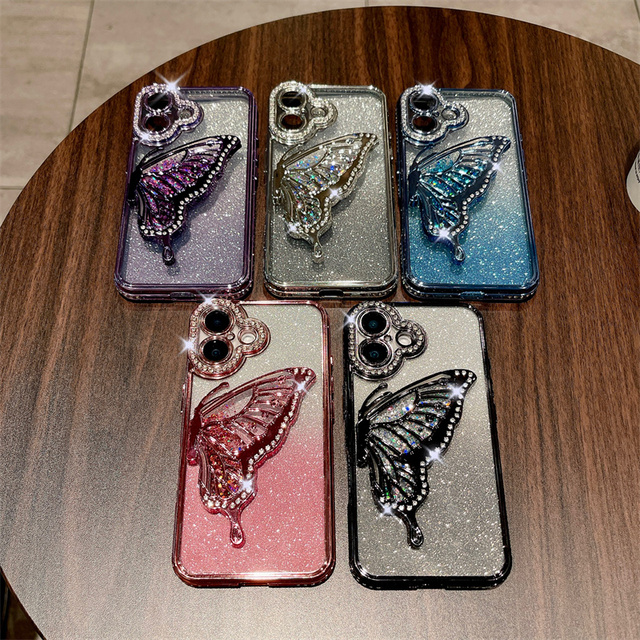 Hot selling 3D Electroplating Glitter Rhinestones butterfly Soft TPU Phone Case for iPhone 13 14 Plus 15 Pro 16 17 Air Pro Max