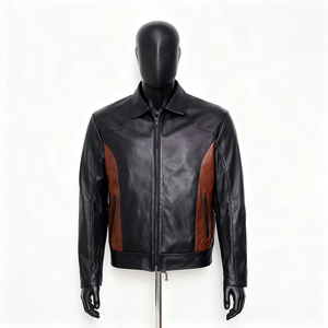 Veste Doger personnalisée en <span class=keywords><strong>cuir</strong></span> véritable pour hommes Veste personnalisée en <span class=keywords><strong>cuir</strong></span> véritable marron avec fermeture éclair pour hommes avec gaufrage personnalisé - Product Image 4