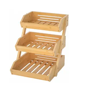 Kitchen Counter Vegetable Storage Organizer Stand Wooden Plate 3 Tier Fruit Holder Bamboo Fruit Basket