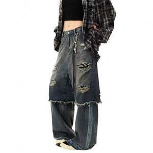 Pantalones Vaqueros Retro Americanos 2026 de Doble Perforación con Parches Lavados para <span class=keywords><strong>Hombre</strong></span> - Pantalones Casuales de Pierna Recta con Agujeros Estilo High Street - Product Image 1