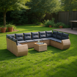 Ensemble de canapés de jardin en bois d'acacia avec structure en acier thermolaqué et rotin synthétique, couleur grise, mobilier d'extérieur contemporain 6 places - Product Image 2