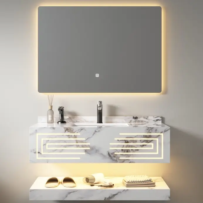 خزانة حمام حديثة منقوشة بحجر كريات للحمام مزودة بإضاءة ليد مع مرآة بسعر رخيص