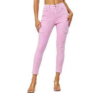 Atacado Mulheres Denim Tecido Slim Cargo Calças Alta Qualidade Senhoras Cintura Alta Design Rosa Skinny Jeans