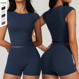 Nuova tuta <span class=keywords><strong>da</strong></span> Yoga aderente aderente <span class=keywords><strong>da</strong></span> <span class=keywords><strong>donna</strong></span> a maniche corte Set di pantaloncini a vita alta ad asciugatura rapida - Product Image 2