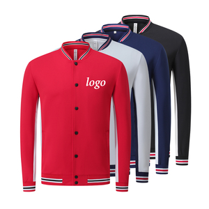 Chaqueta de béisbol unisex con botones y logotipo personalizado, cuello y puños a rayas, para actividades de entrenamiento de equipos deportivos. - Product Image 1