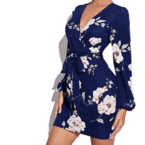 Wholesale Custom High Quality Womens <b>Dress</b> New Arrival V-neck Printed Lace-up Drawstring Waist Slimming Hip <b>Dresses</b> - Product Image 2