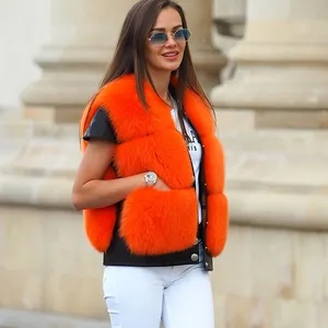 Furealux Orange Real Fur CoatsNatural Fox Fur Sleeveless Vest Patchwork sheepskin JacketWomen FashionWarm Fur Overcoats Hot Sale