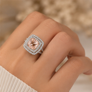 Anillo de Plata de Ley 925 con Morganita, Corte Cojín, Doble Halo, Elegante, con Gema Color Durazno, Joyería Fina de Compromiso para Mujer - Product Image 6