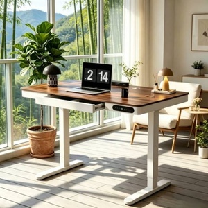 Scrivania Ergonomica Regolabile in Altezza in Acciaio Laminato a Freddo con Piano in Legno Massello, Postazione di Lavoro per Studio Domestico - Product Image 1