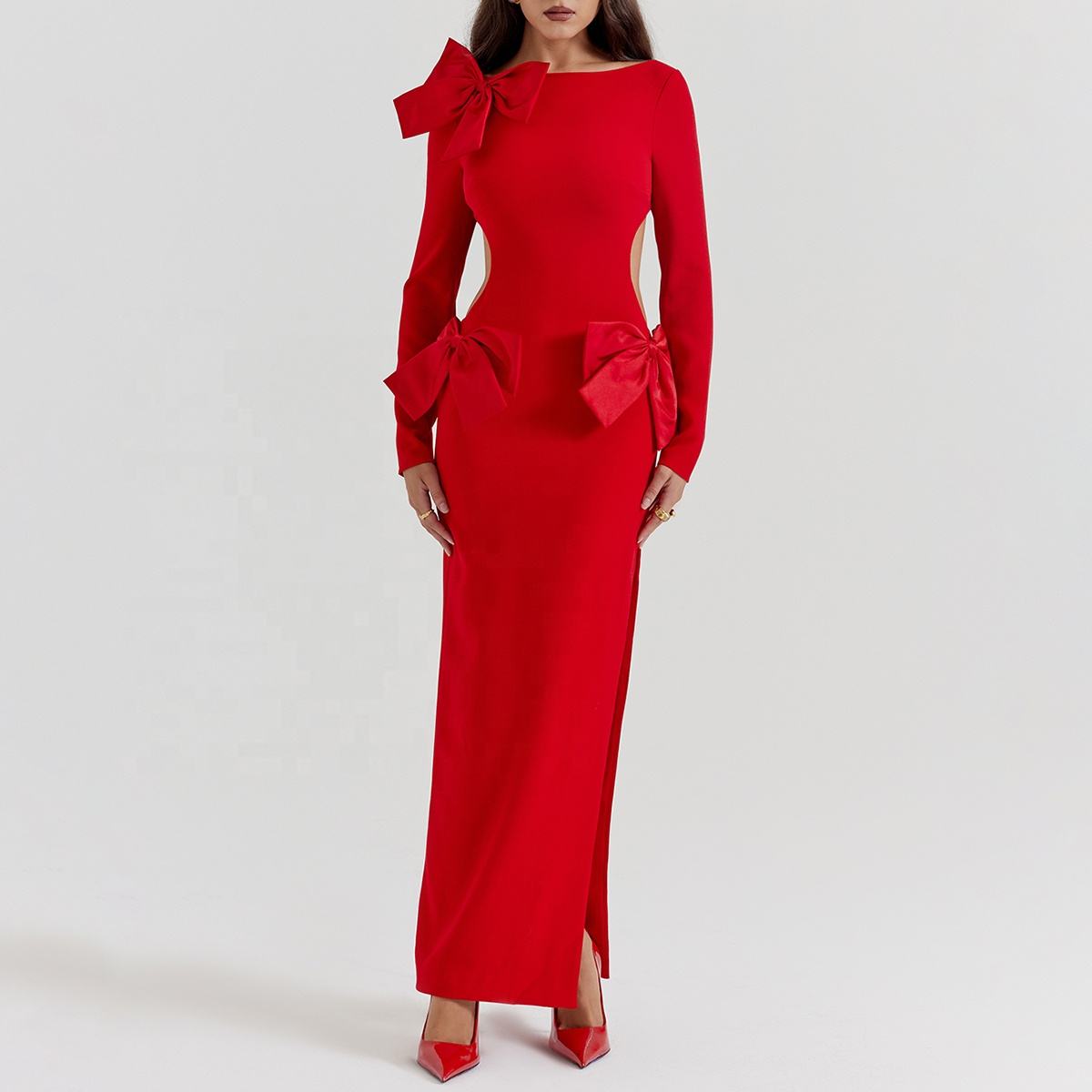 Vestido Largo Vibrante con Lazo Rojo, Atuendo Formal Llamativo, Listo para  la Alfombra Roja, Declaración de Moda Elegante, Vestidos de Noche
