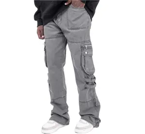 Custom Design High Quality Embroidery Logo Loose Fit Straight Zipper Patch Pockets Straight Trousers Street Fashion Mens Cargo