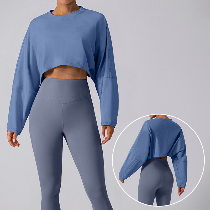 Popular Round Neck Sweatshirt T-shirt Sports Short Top Yoga Running Loose Long-sleeved Top for Women