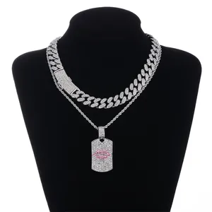 Hip hop Hot selling Pink Lip Square Cuban Chain Necklace Set for Men and Women Hip Hop Fashion Accessories