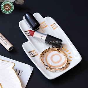 Caja de jabón de baño personalizada, bandeja de cerámica en forma de <span class=keywords><strong>Palma</strong></span> con placa de fruta creativa, anillo de almacenamiento de joyería, calcomanía dorada - Product Image 2